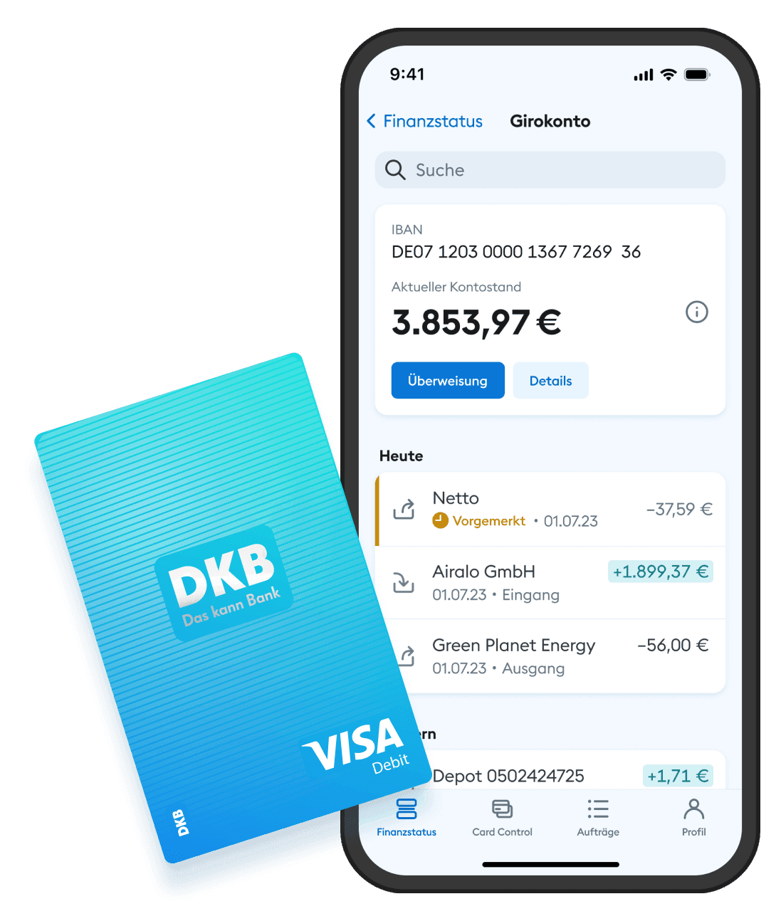 Illustration of a smartphone with current account transactions in the DKB app